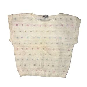 Vintage 1988 A Jane Adams Short Sleeved Boxy Knit Floral Sweater Cream